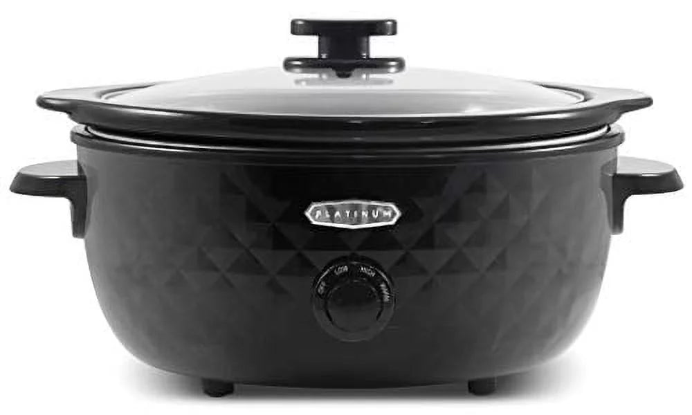 Elite Gourmet # Diamond Pattern Slow Cooker Removable, Dishwasher-Safe Stoneware Pot with Tempered Glass Lid, Cool-Touch Handles, 6 Quart, Charcoal Black