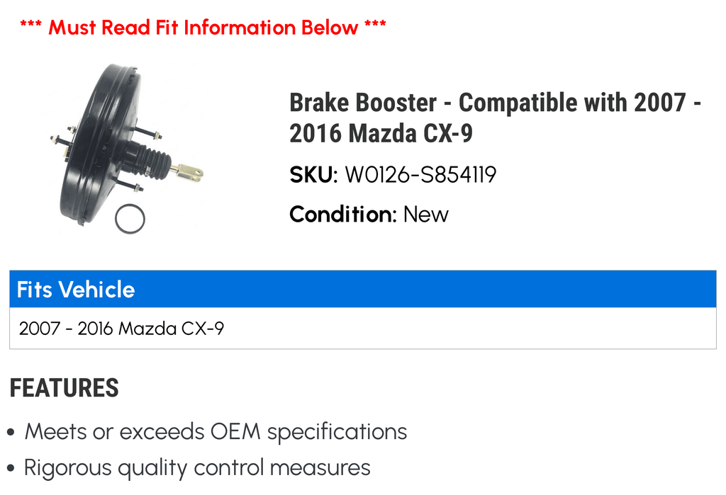 Brake Booster - Compatible with 2007 - 2016 Mazda -9 2008 2009 2010 2011 2012 2013 2014 2015
