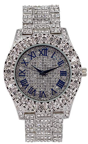 Charles Raymond Mens Silver Big Rocks with Roman Numerals Fully Iced Out Colorful Dial Wristwatch w/Blinged Out Cuban Shiny Silver Bracelet -   Cuban (Silver Royal Blue  #)
