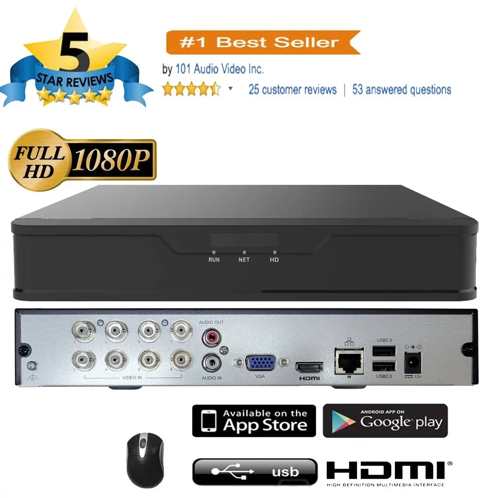 101AV  8 Channels 1TB Hard Drive 4MP/1080P .265/.264 Network Video Recorder, No Built-in PoE Ports & WiFi, /, Mobile APPs for Home/Office, Supports 10 x 4MP  Cameras