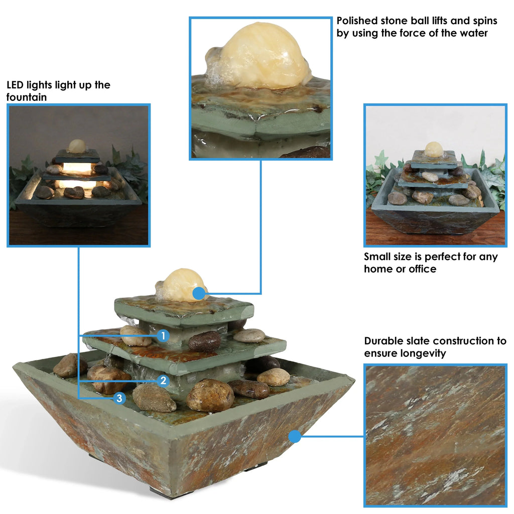Sunnydaze Ascending Slate Tabletop Fountain with  Light - 8"