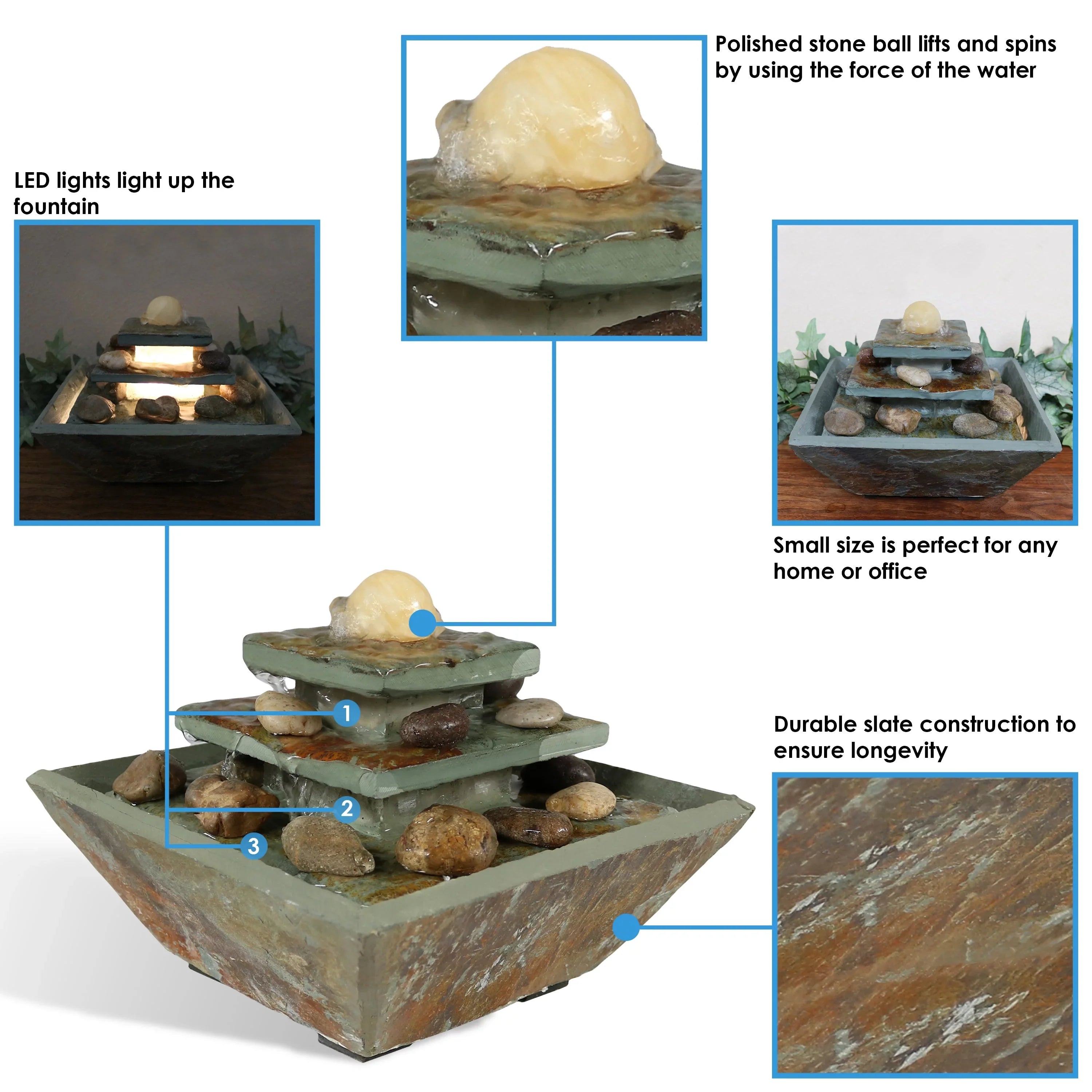 Sunnydaze Ascending Slate Tabletop Fountain with  Light - 8"