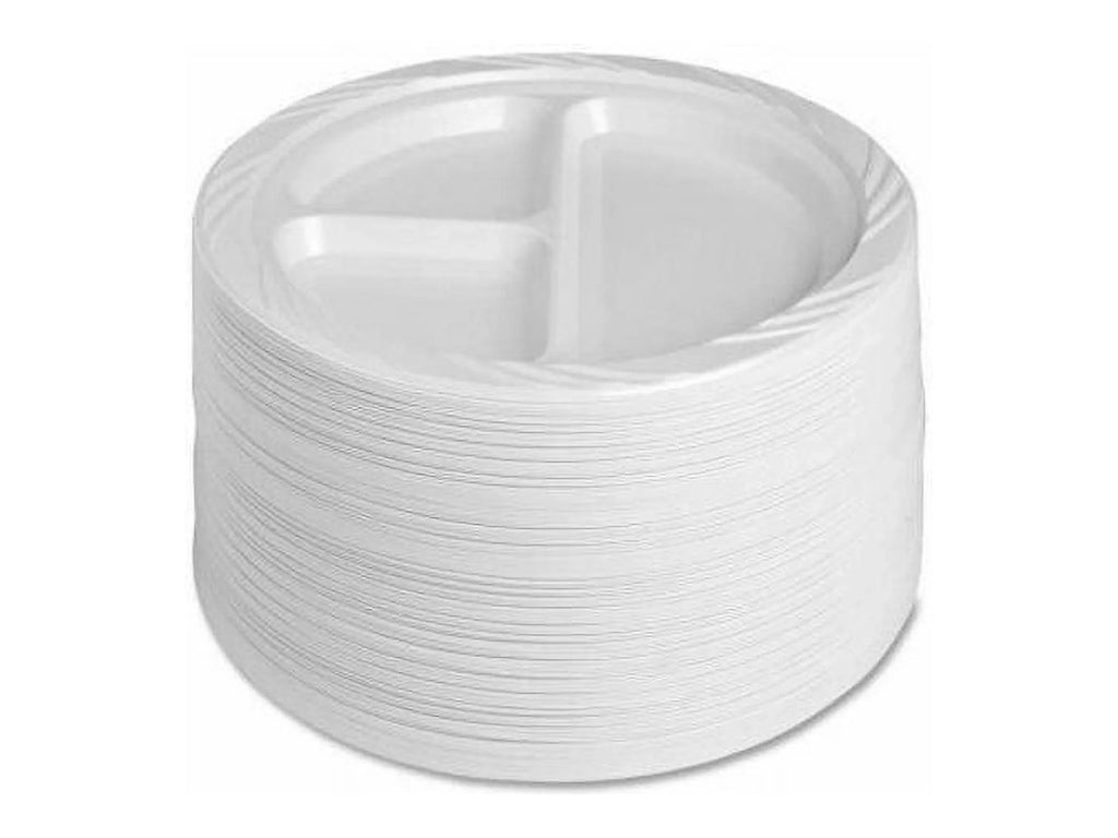 Genuine Joe 3-section Round Plastic Plates, 9", 125 Pack,