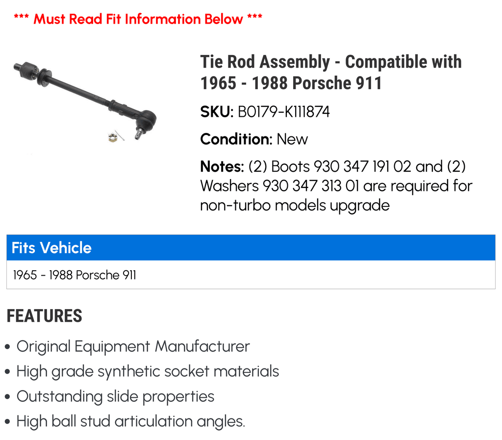 Tie Rod Assembly - Compatible with 1965 - 1988 Porsche 911 1966 1967 1968 1969 1970 1971 1972 1973 1974 1975 1976 1977 1978 1979 1980 1981 1982 1983 1984 1985 1986 1987