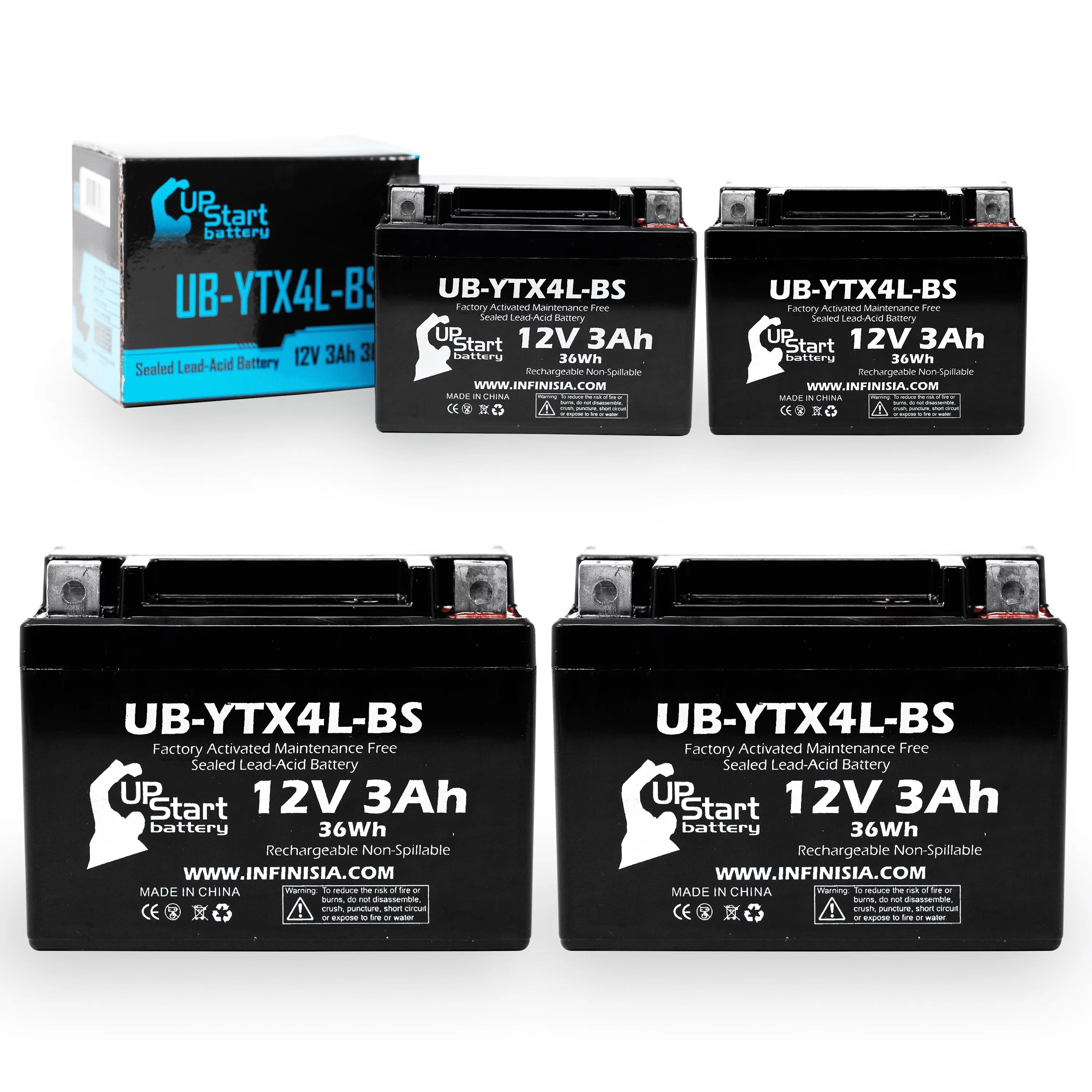 4-Pack UpStart Battery Replacement for 2004 Bombardier (Can-Am) , , Quest 90CC Factory Activated, Maintenance Free,  Battery - 12V, 3Ah, --