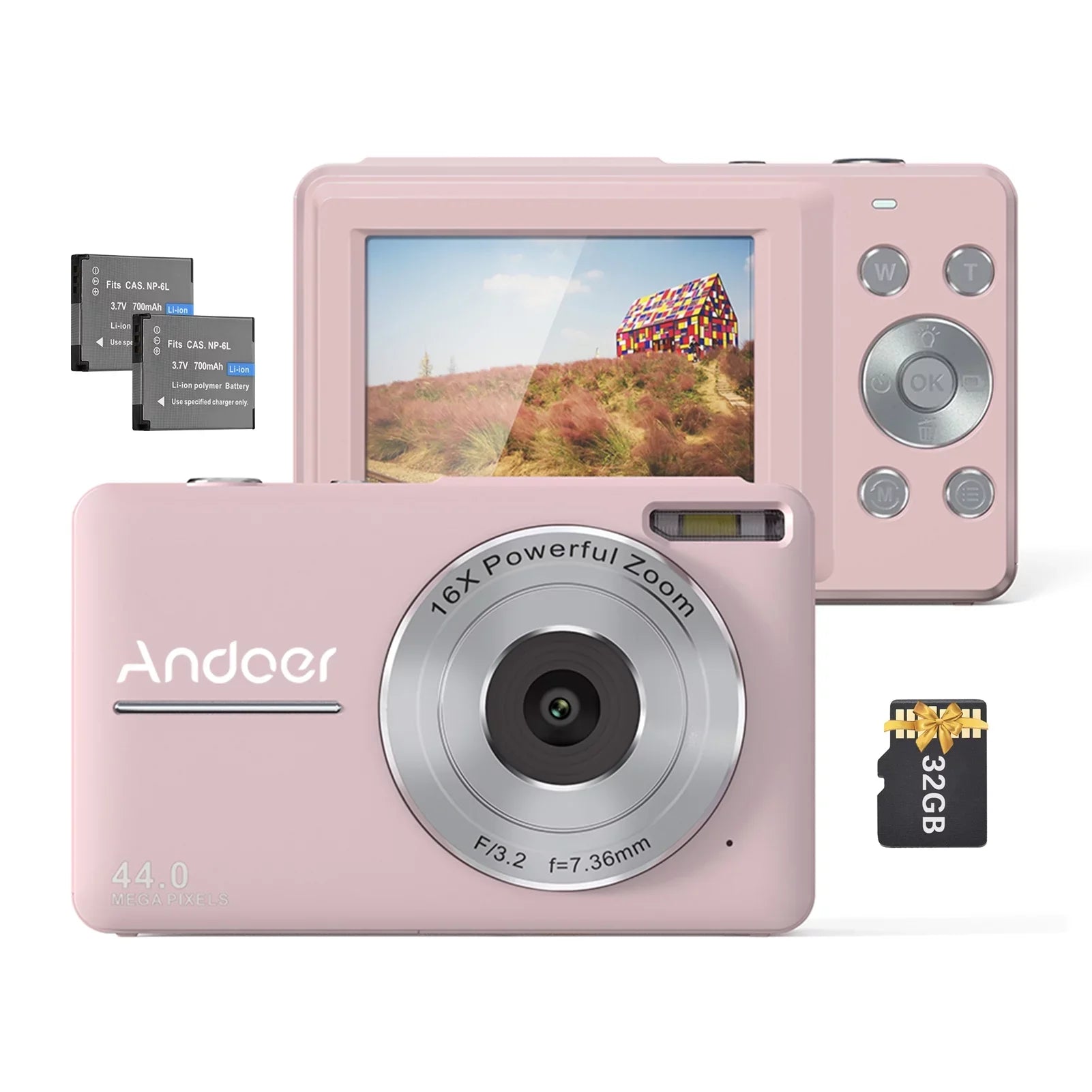 Andoer Portable 1080P Digital Video Camcorder 44MP Auto Focus 2.5  Screen 16X Digital Zoom -shake Face Detect Smile Capture with 32GB Memory 2pcs Batteries Christmas Gift for Teens