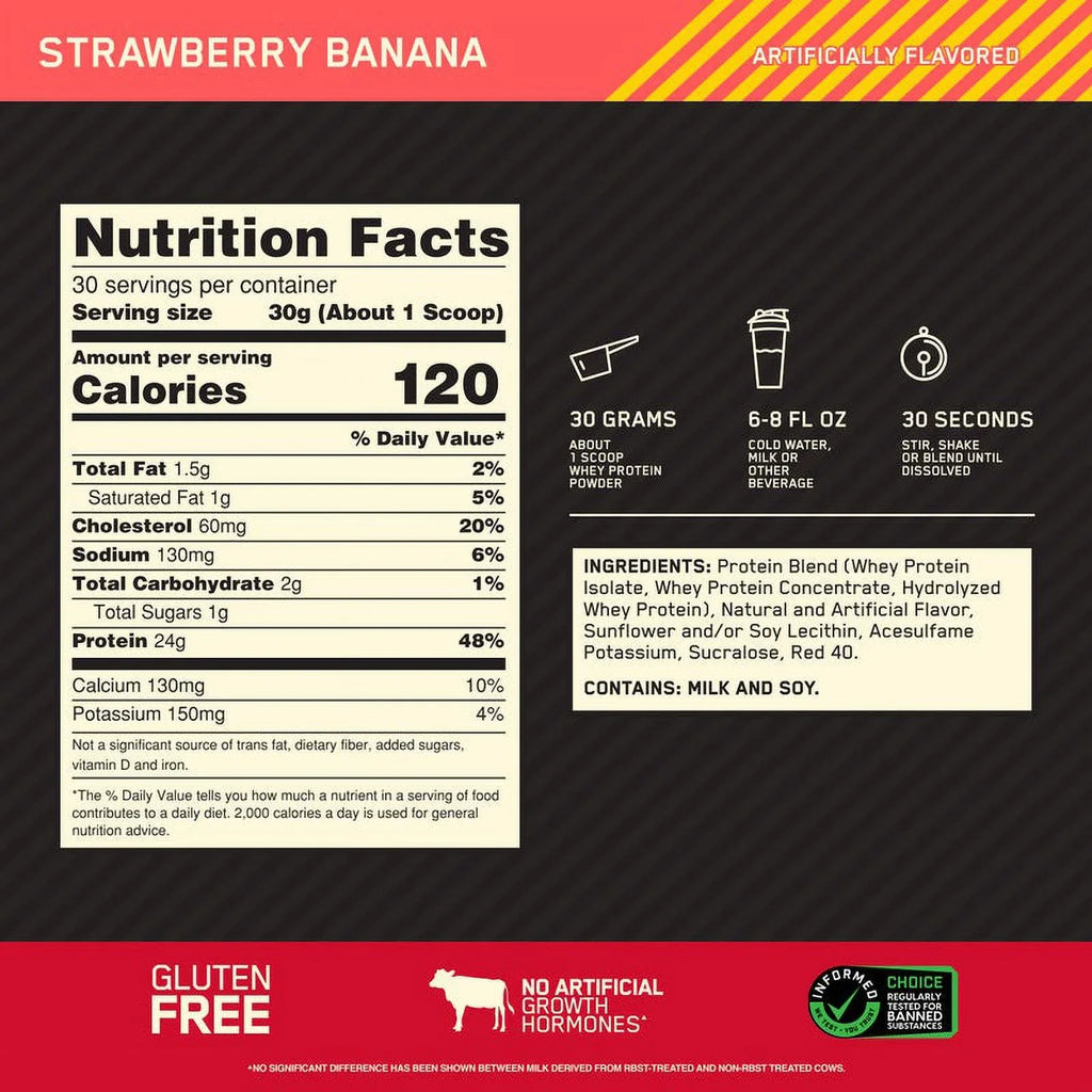 Optimum Nutrition, Gold Standard 100% Whey Protein Powder, 24 g Protein, Strawberry Banana, 2 lb, 30 Servings
