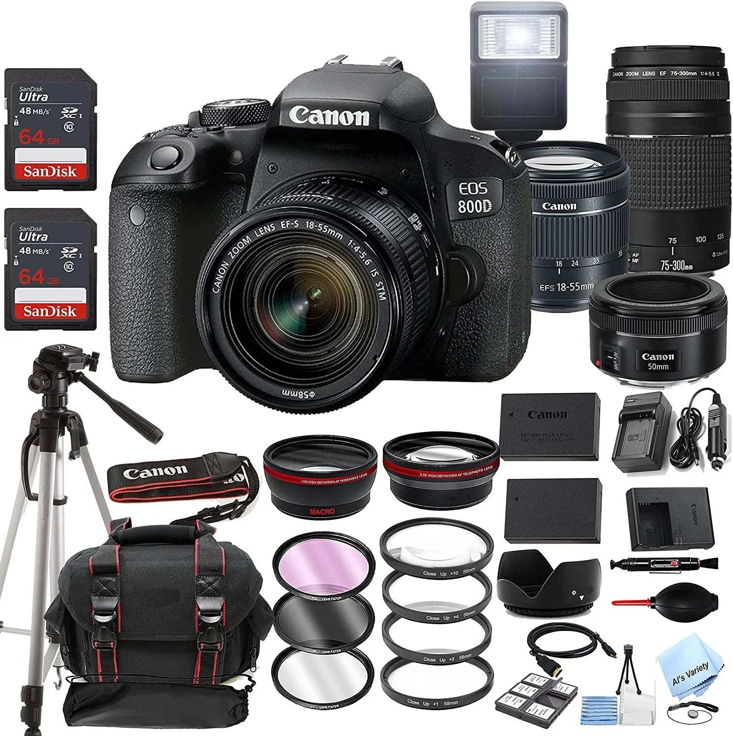 Canon  800D Rebel T7i  Camera w/- 18-55mm /4-5.6 is  Zoom Lens + 75-300mm /4-5.6  Lens +  50mm f/1.8  Lens + 128GB Memory + Case + Tripod + Filters 40pc Bundle