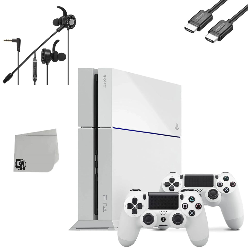Sony PlayStation 4 Original 500GB Matte White Gaming Console With 2 Controller +  Earbuds With Microphone   Bundle Used
