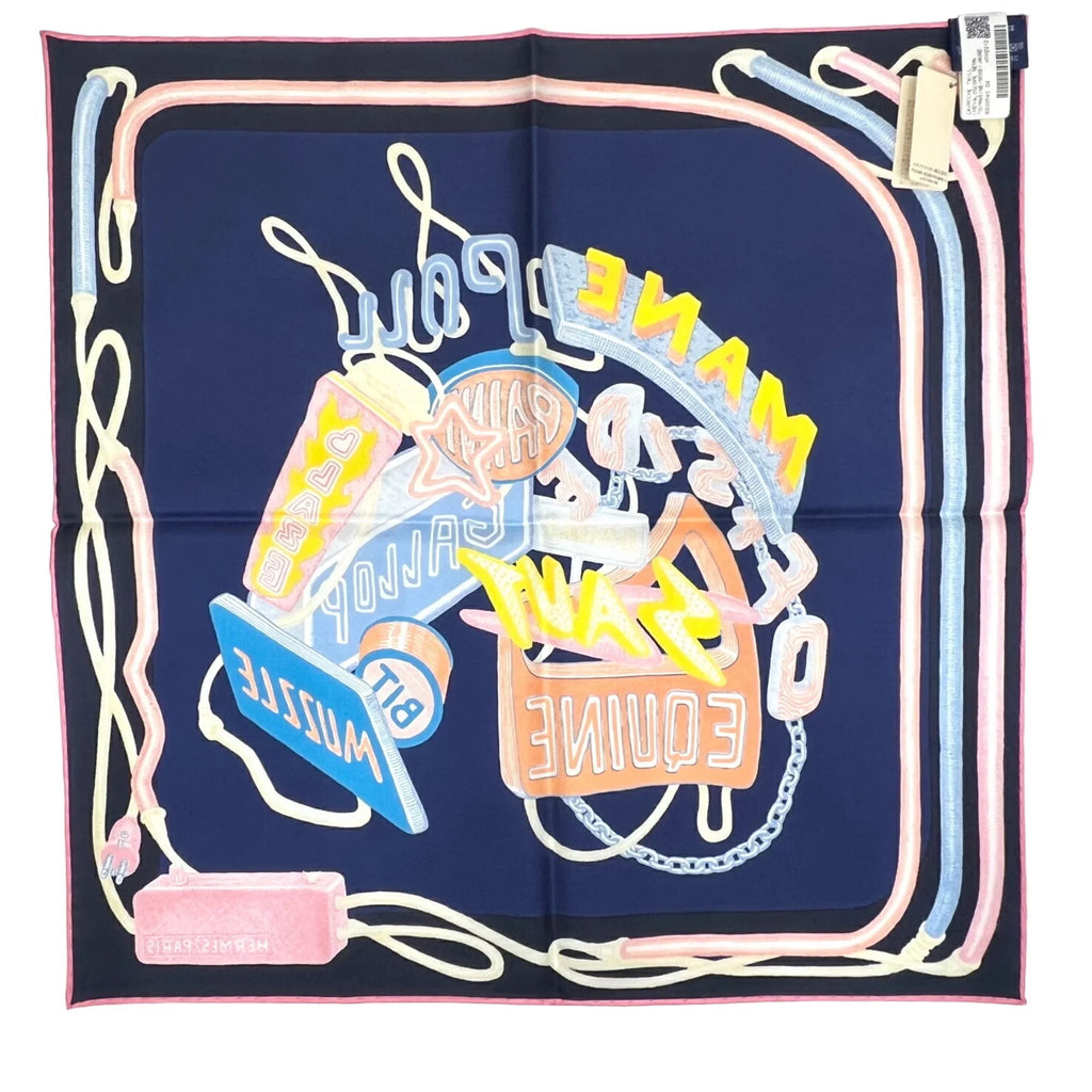 Pre-Owned Hermes  Carre 45 Chevaloscope Neon Pointill 23SS Scarf Mini New Silk Ladies Marine Rose Jaune Horse (Like New)