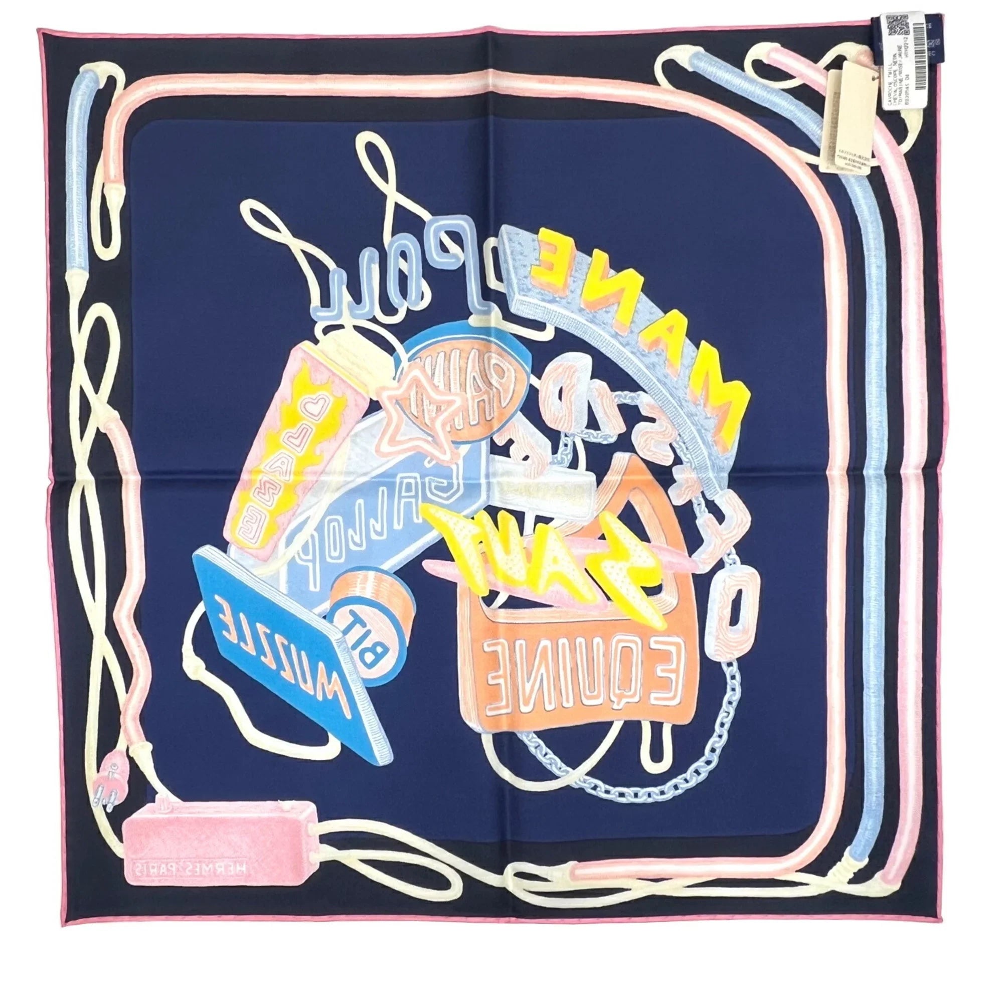 Pre-Owned Hermes  Carre 45 Chevaloscope Neon Pointill 23SS Scarf Mini New Silk Ladies Marine Rose Jaune Horse (Like New)