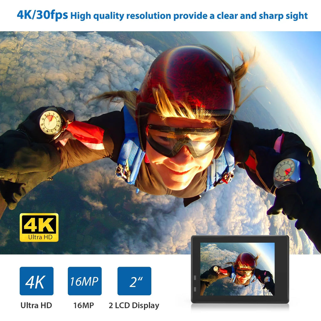 Action Camera, 4K WiFi Camera with  30m Underwater Waterproof Cameras for Snorkeling, Sports Camera with 16MP Sony Sensor, Camera Compatible Case, Remote Control for Gift, Travel
