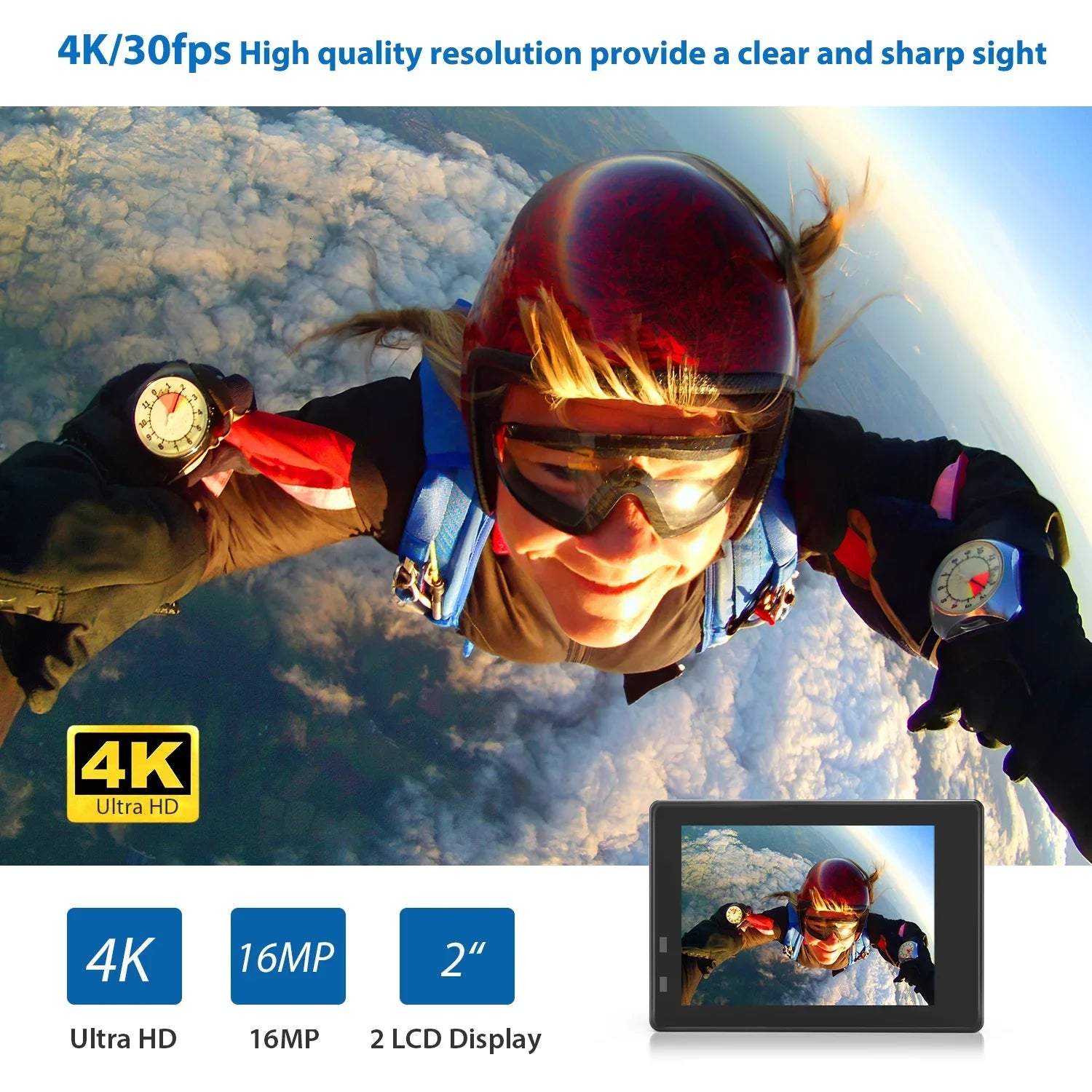 Action Camera, 4K WiFi Camera with  30m Underwater Waterproof Cameras for Snorkeling, Sports Camera with 16MP Sony Sensor, Camera Compatible Case, Remote Control for Gift, Travel