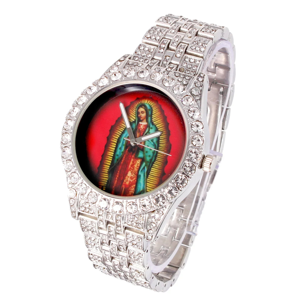 Charles Raymond The Virgin of Guadalupe Blessed Dial - Mens Hip Hop Metal Iced Out Wristwatch - Blinged Out Big Rhinestones on Trim -   Single (Silver )