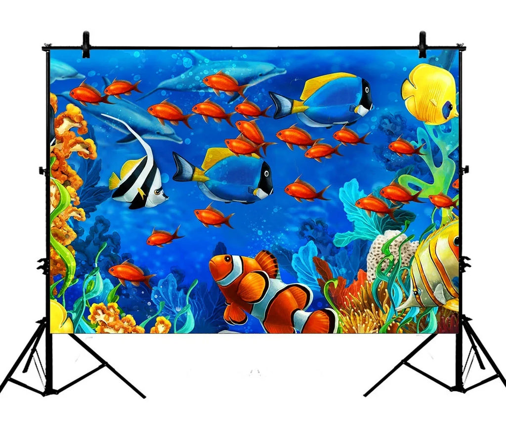7x5ft Sea World Photography Backdrop,Underwater World Ocean Animals Fish Coral Polyester Photography Backdrop Studio Photo Props Background