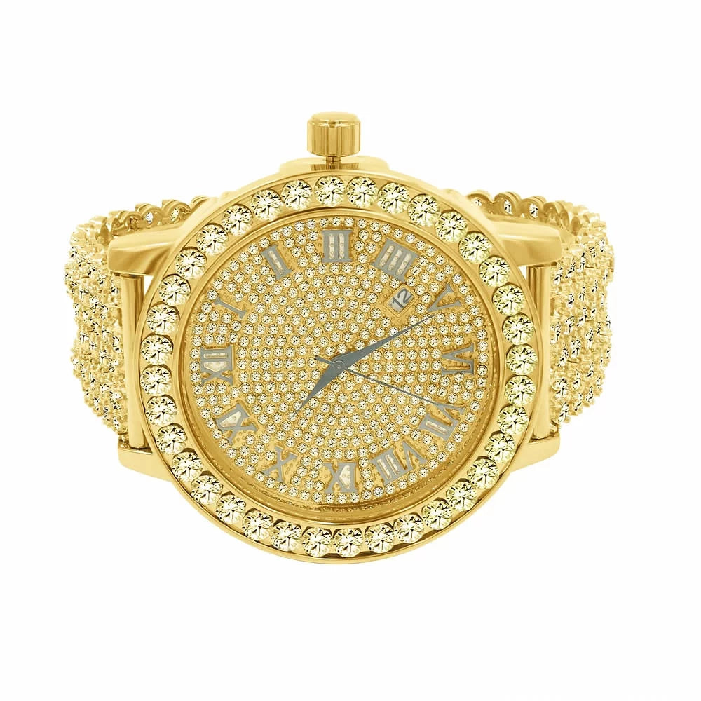 Mens Roman Numerals Watch Lab Diamond Canary Tone Stainless Steel 1 Row Bezel Custom Iced Out Band Khronos Jo Rodeo /Date