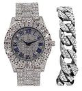 Charles Raymond Mens Silver Big Rocks with Roman Numerals Fully Iced Out Colorful Dial Wristwatch w/Blinged Out Cuban Shiny Silver Bracelet -   Cuban (Silver Royal Blue  #)