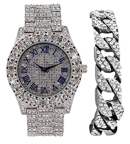 Charles Raymond Mens Silver Big Rocks with Roman Numerals Fully Iced Out Colorful Dial Wristwatch w/Blinged Out Cuban Shiny Silver Bracelet -   Cuban (Silver Royal Blue  #)