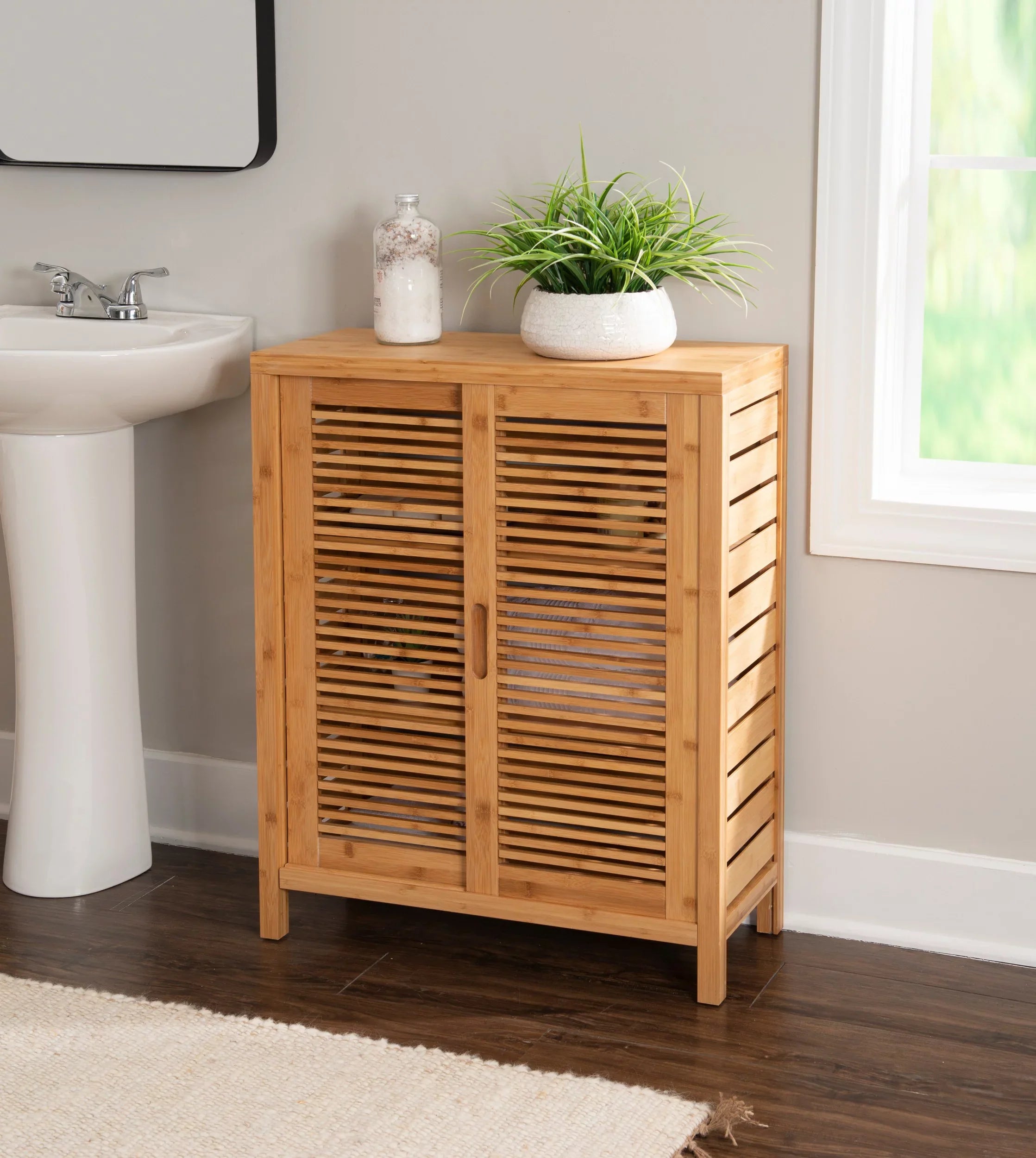 Linon Bracken 3 Shelf 2 Door Bathroom Storage Floor Cabinet, Bamboo