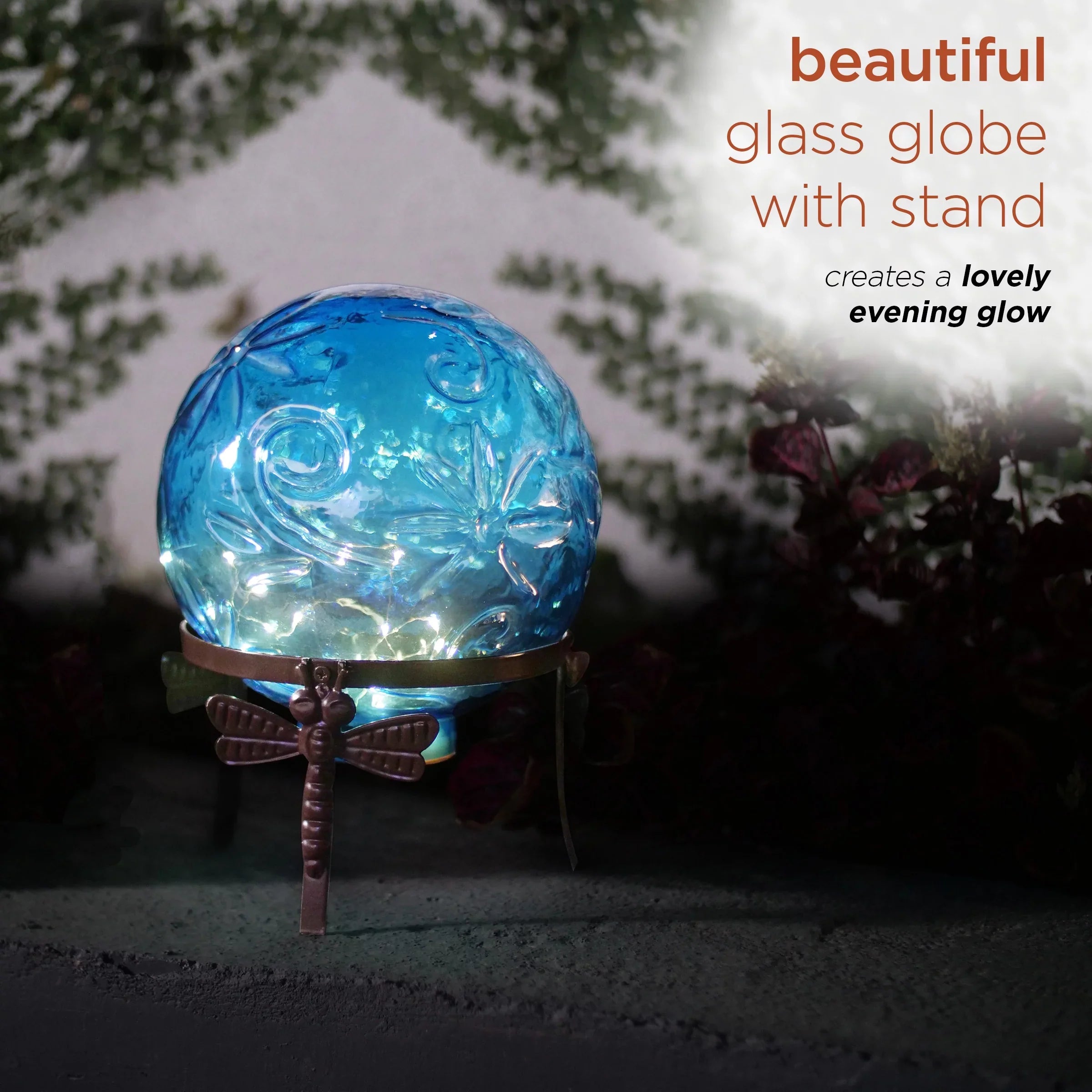 Alpine Corporation 10"  x 10"  x 13"  Embossed Glass Light-up Gazing Globe, Blue