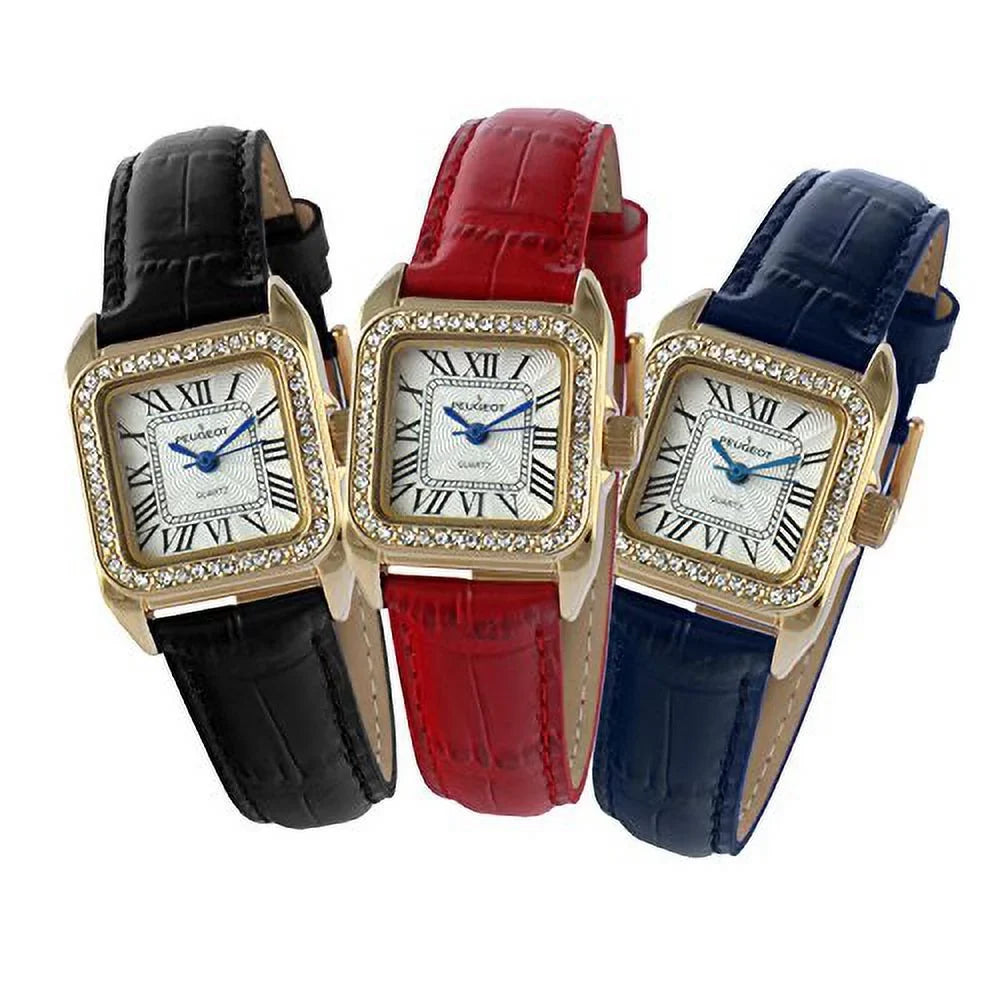 peugeot womens 14k gold plated square tank petite small black leather band luxury dress watch 3052bk