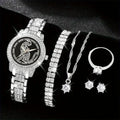 Luxury Rhinestone Quartz Watch Hiphop Fashion Analog Wrist Watch & 6pcs Jewelry Set, Gift For Women Her