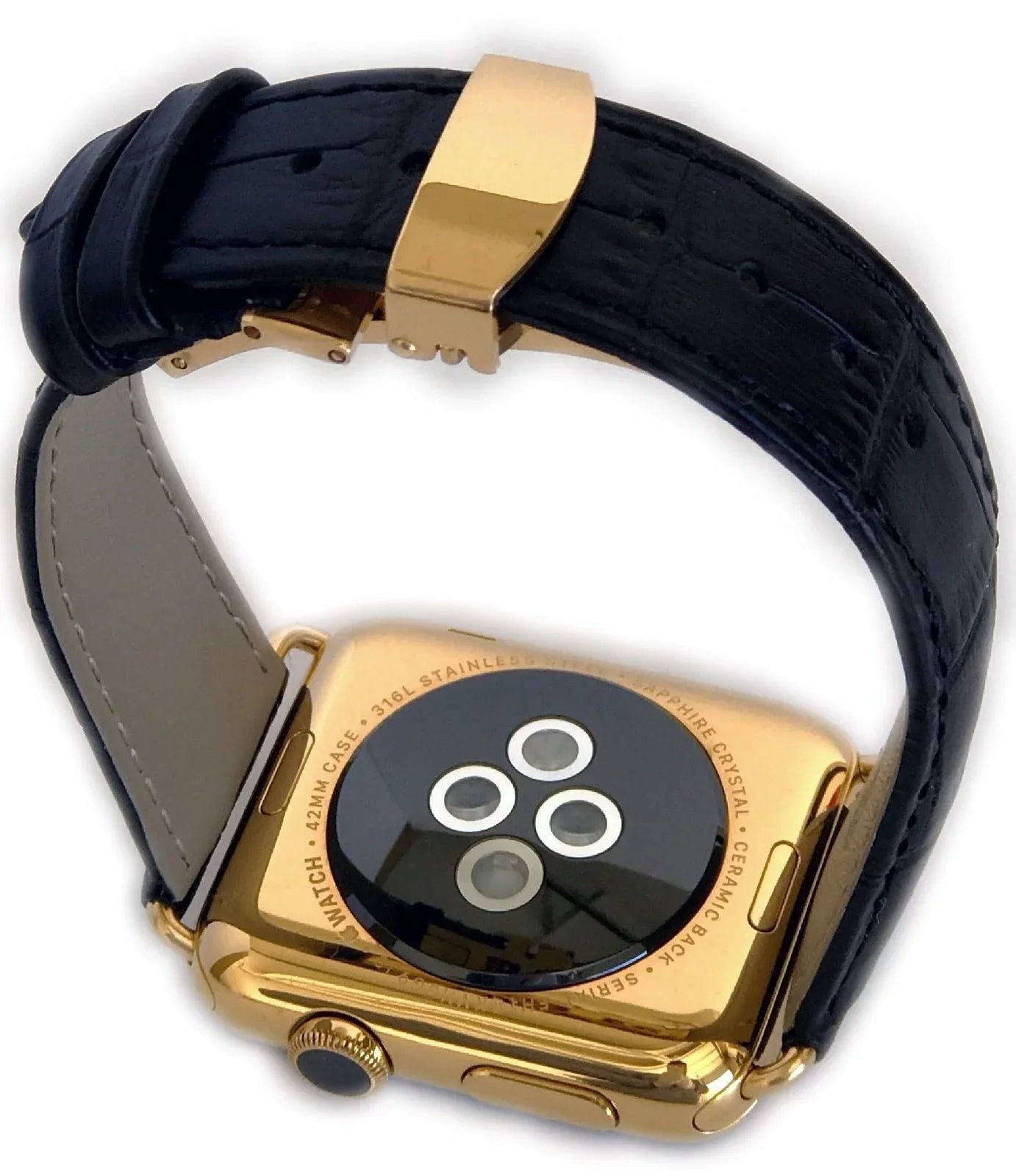 24K Gold 42MM Iwatch Series 2 Stainless Steel Black Band Deploy Buckle