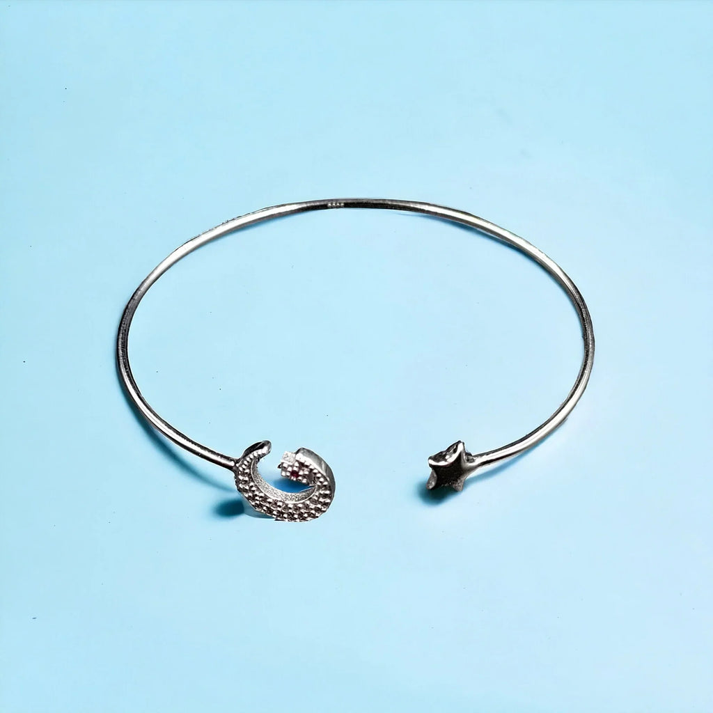 Moon and Star Solid Silver Open ended cuff style Celesticle jewelry Handmade Kada Adjustable Bracelet Best Gift idea for Girls
