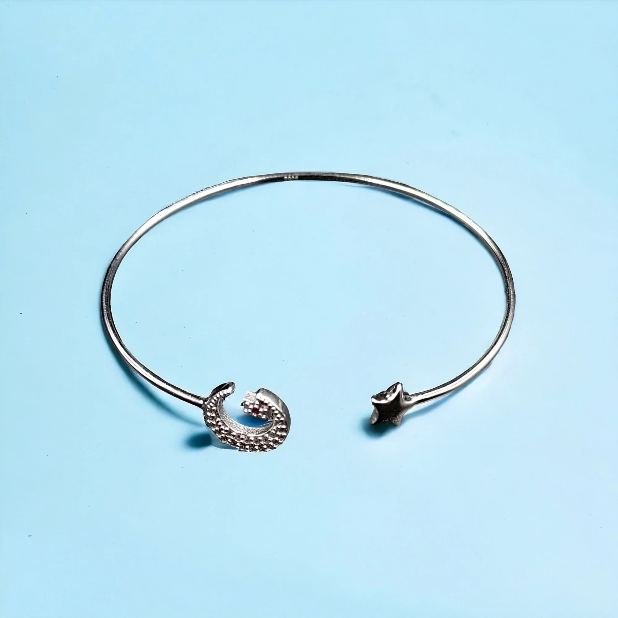 Moon and Star Solid Silver Open ended cuff style Celesticle jewelry Handmade Kada Adjustable Bracelet Best Gift idea for Girls