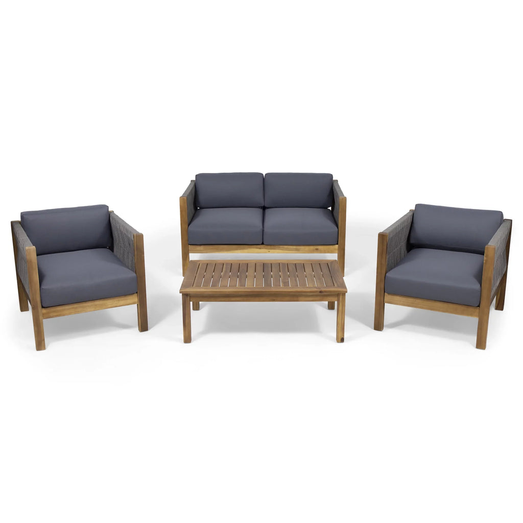 Studio Charlotte Outdoor Acacia Wood and Rope 4 Seater Chat Set with Cushions, Teak and Gray