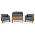 Studio Charlotte Outdoor Acacia Wood and Rope 4 Seater Chat Set with Cushions, Teak and Gray
