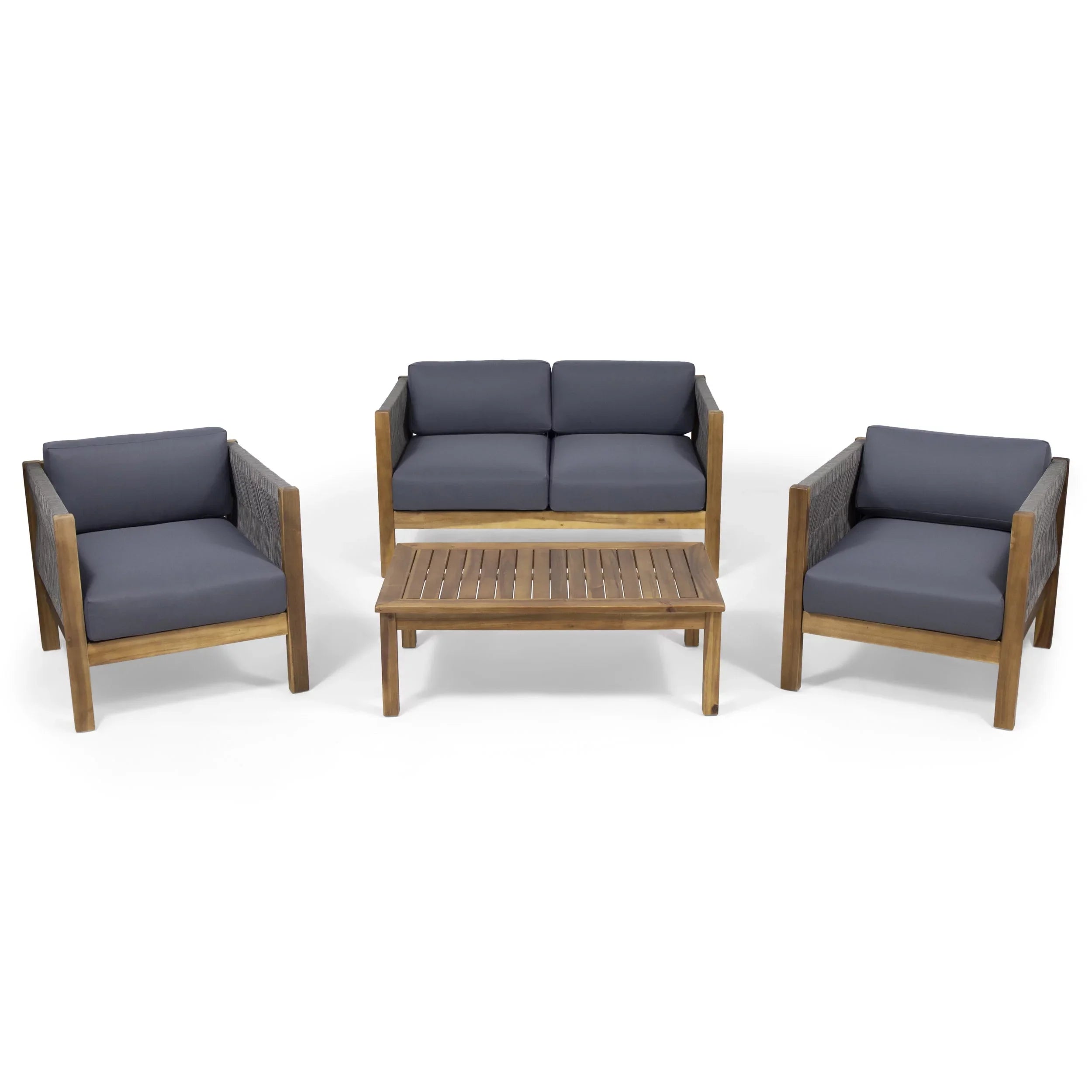 Studio Charlotte Outdoor Acacia Wood and Rope 4 Seater Chat Set with Cushions, Teak and Gray
