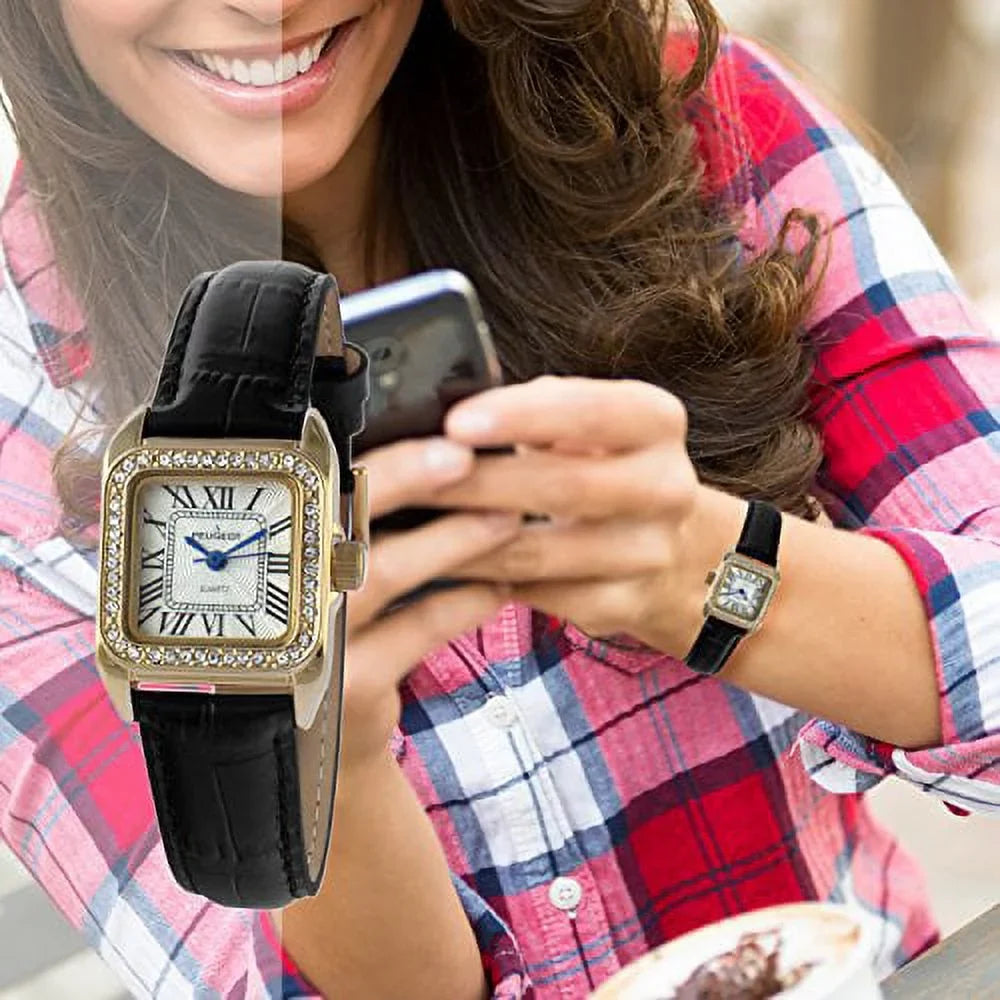peugeot womens 14k gold plated square tank petite small black leather band luxury dress watch 3052bk