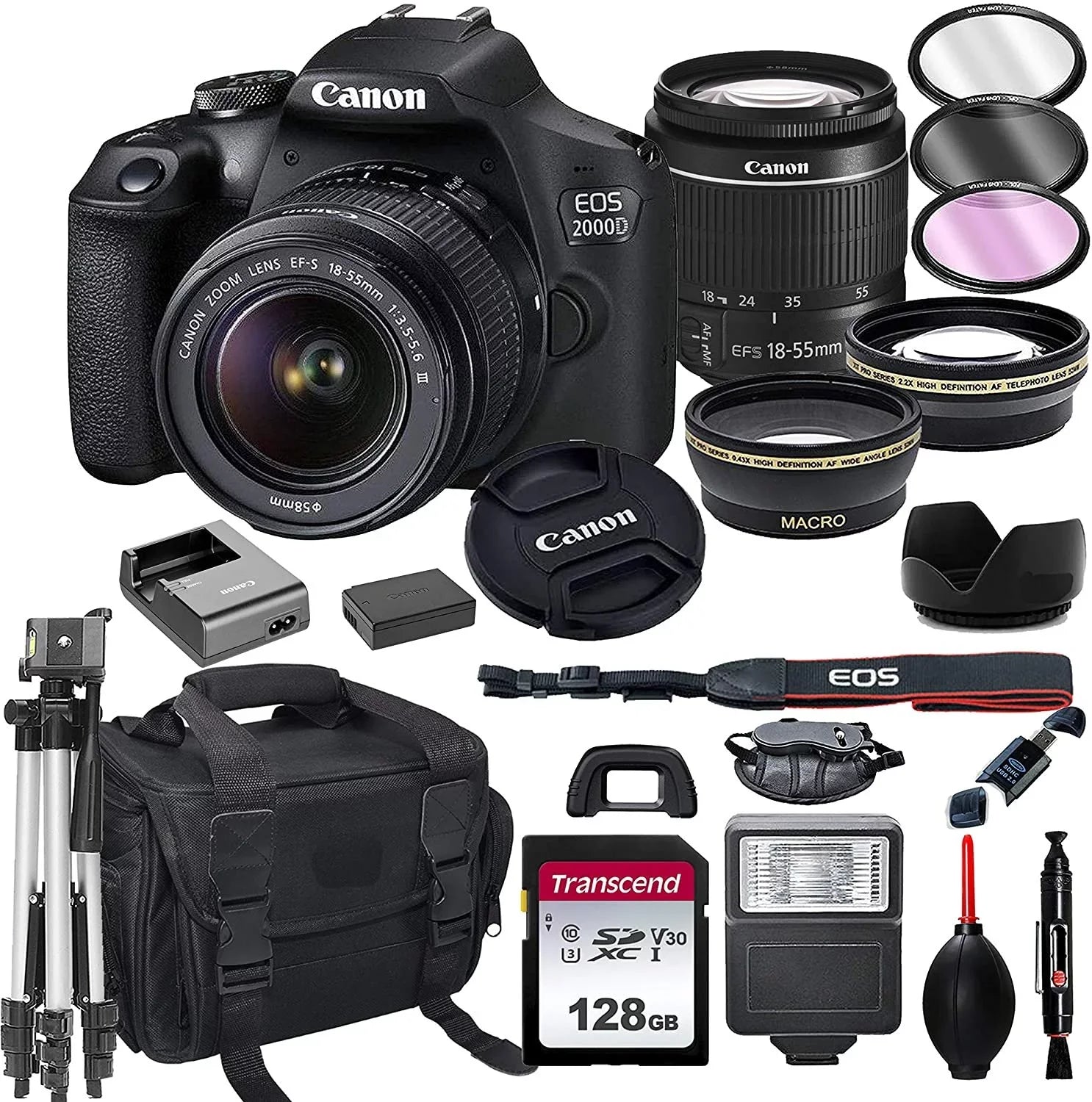 Canon  2000D  Camera with 18-55mm f/3.5-5.6 Zoom Lens + 128GB Card, Tripod, Flash, and More 20pc Bundle