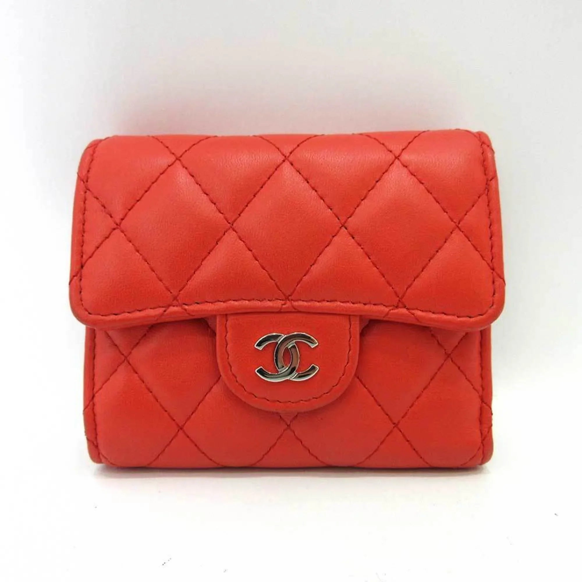 Pre-Owned Chanel Wallet Small Orange Red Series Silver Metal Fittings Mini Trifold Matelasse Women's Lambskin  (Good)