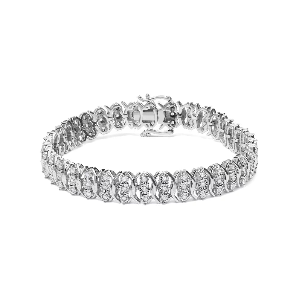 Haus of Brilliance .925 Sterling Silver 1.0 Cttw Womens Miracle Set Round cut Box Clasp Diamond 3 Row Wave Link Bracelet (- Color, - Clarity) - 7.25" Inches
