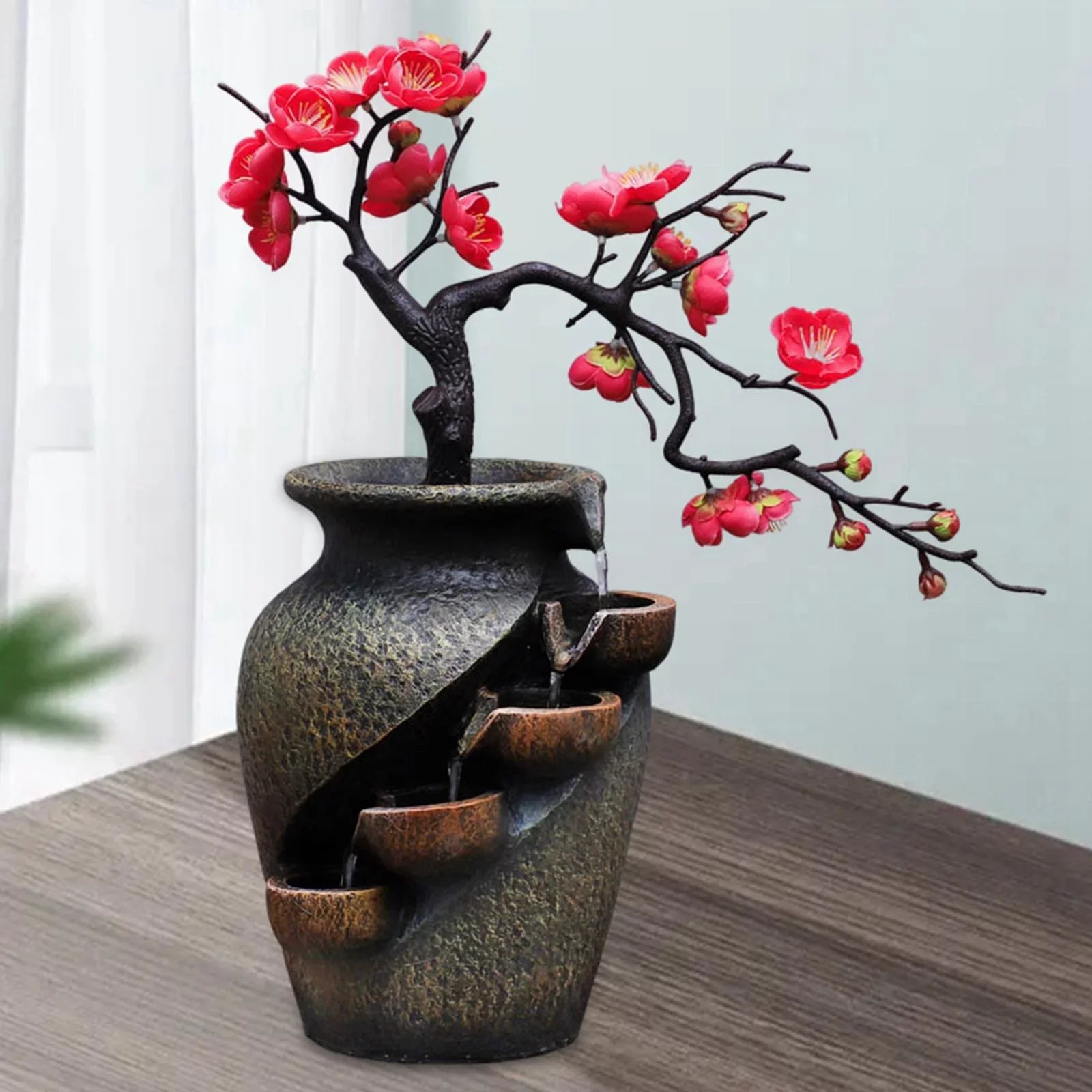Creative Simulation VaseThree-dimensional Tabletop Water Fountain Soothing Relaxation Flower Vase Craft Feng Shui Waterfall Fountains for Garden Office Living room Desk Decor Gifts