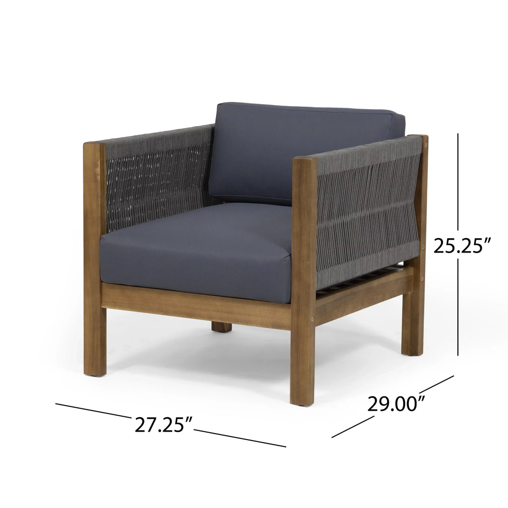 Studio Charlotte Outdoor Acacia Wood and Rope 4 Seater Chat Set with Cushions, Teak and Gray