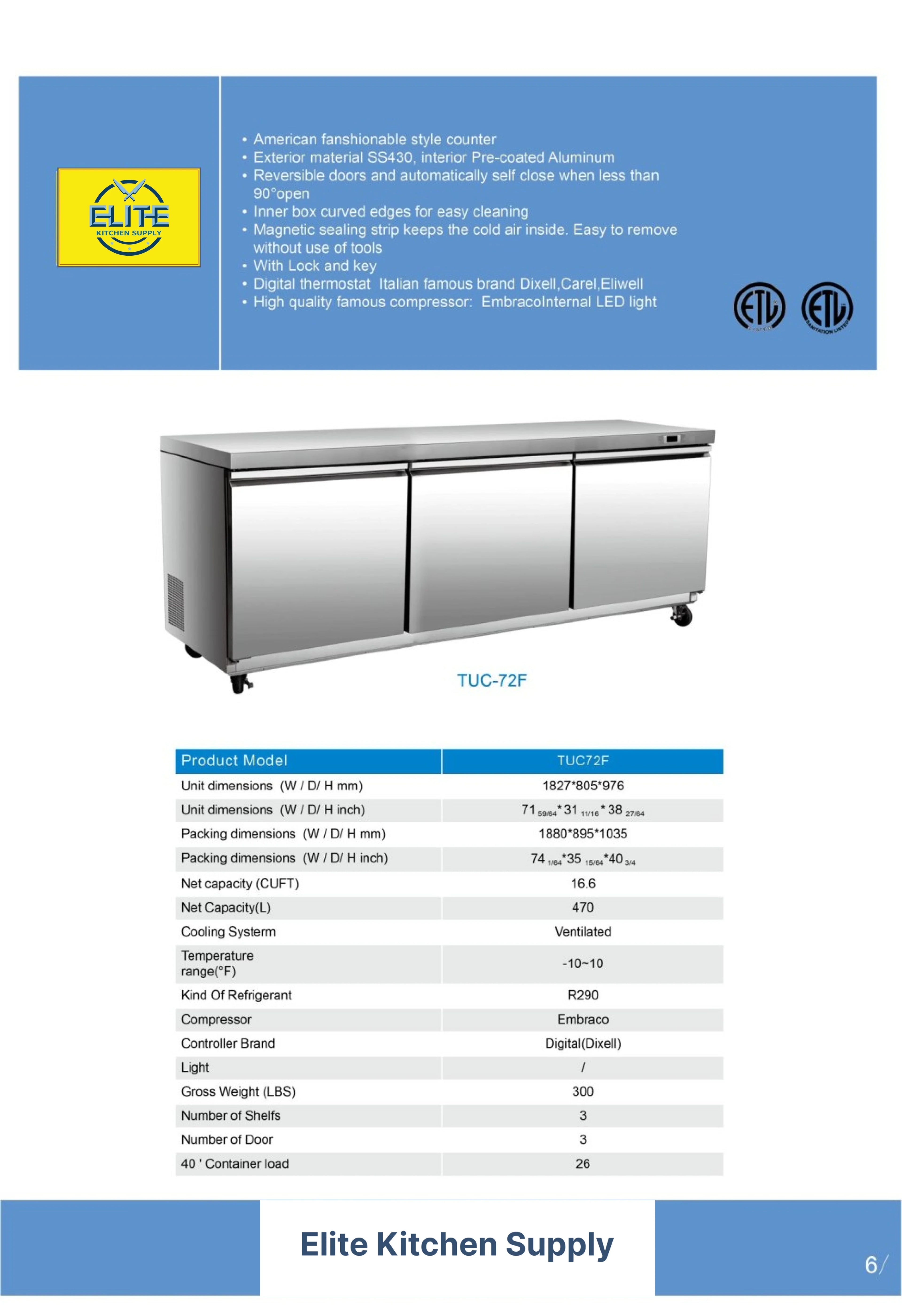 72 in.  Commercial Three Door Undercounter Freezer 16.6 cu. ft.