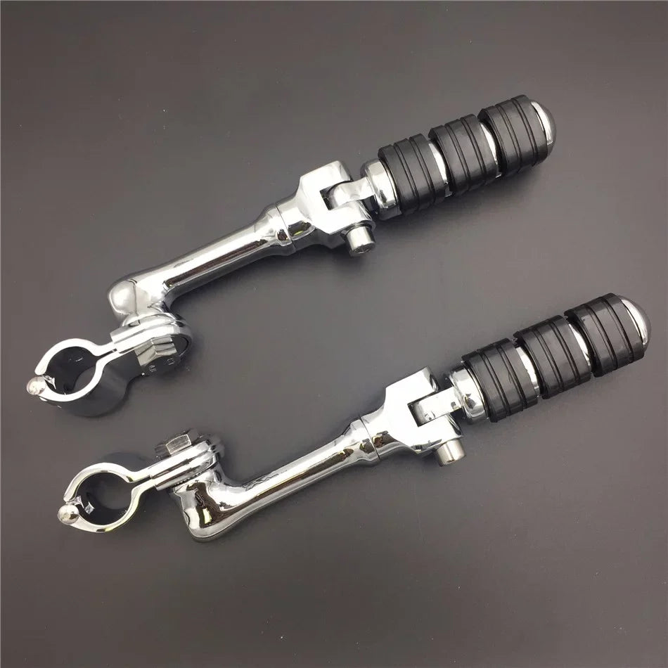 '- Chrome Regular Footrest Foot Pegs with 1-1/2" 1.5" Long Angled Clamps For Harley Sportster 883  1200/Triumph Rocket 3 /Kawasaki Vulcan