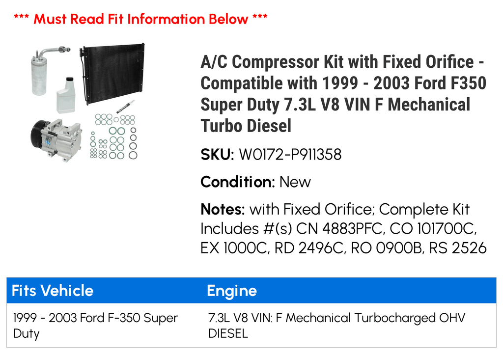 / Compressor Kit with Fixed Orifice - Compatible with 1999 - 2003 Ford  Super Duty 7.3L    Mechanical Turbo Diesel 2000 2001 2002