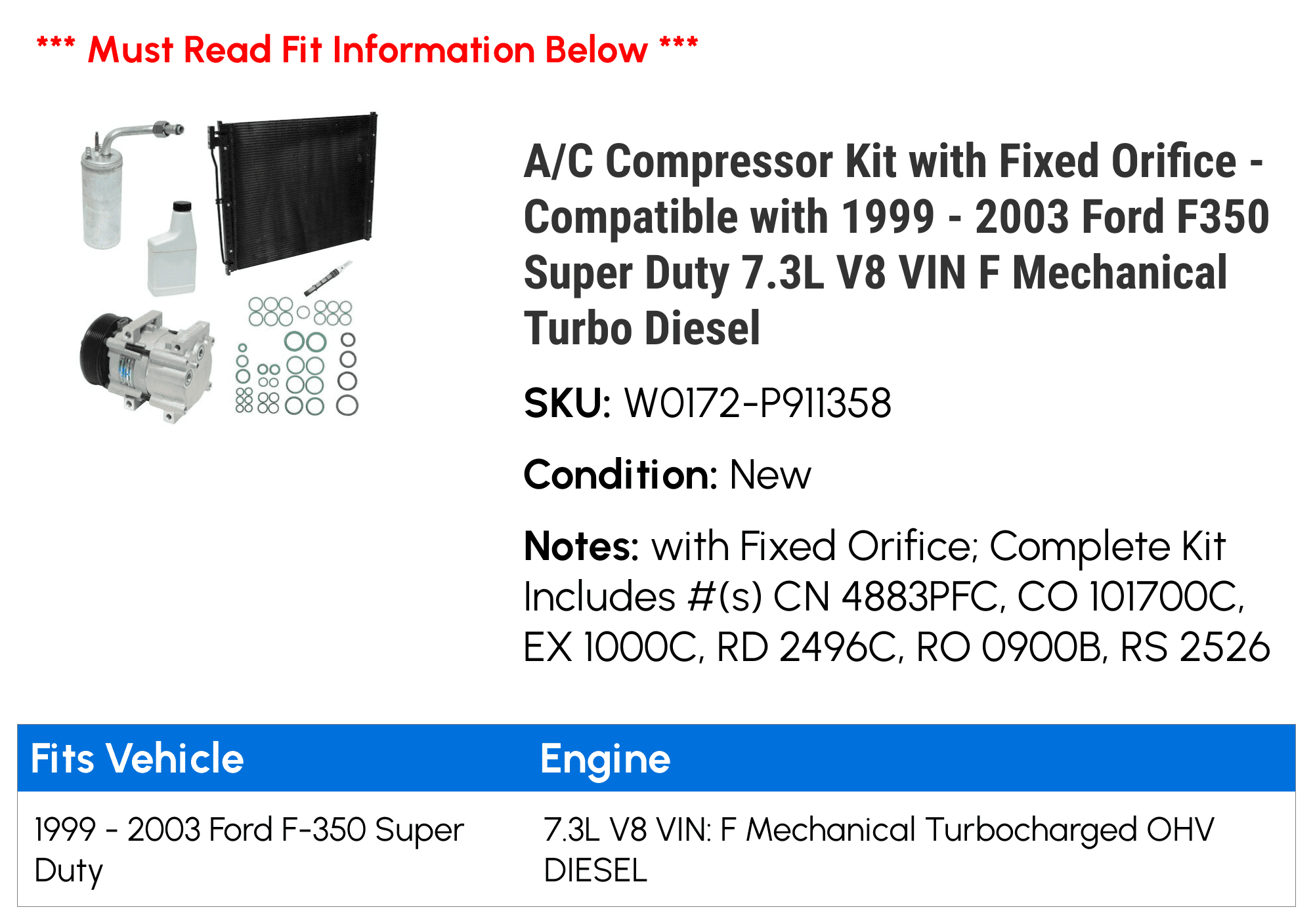 / Compressor Kit with Fixed Orifice - Compatible with 1999 - 2003 Ford  Super Duty 7.3L    Mechanical Turbo Diesel 2000 2001 2002