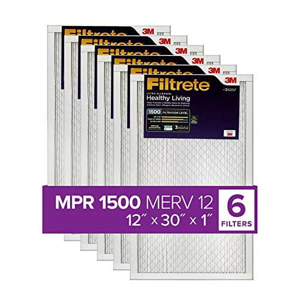 Filtrete 12x30x1,  Furnace Air Filter,  1500, Healthy Living Ultra Allergen, 6-Pack (exact dimensions 11.81 x 29.81 x 0.78)