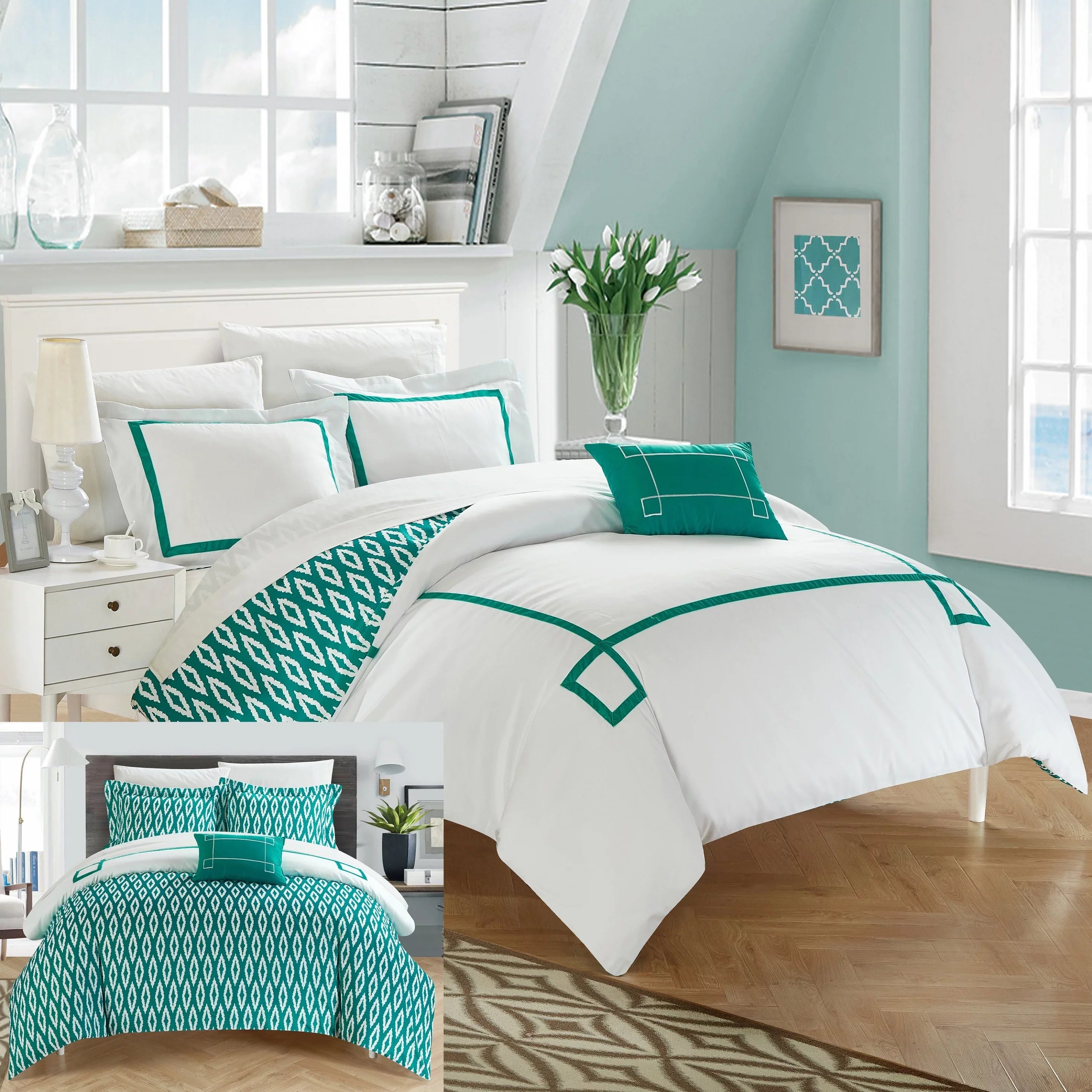 Chic Home 4 Piece Kendall Contemporary Greek Key Embroidered Reversible King Duvet Cover Set Aqua Shams and Decorative Pillows Included