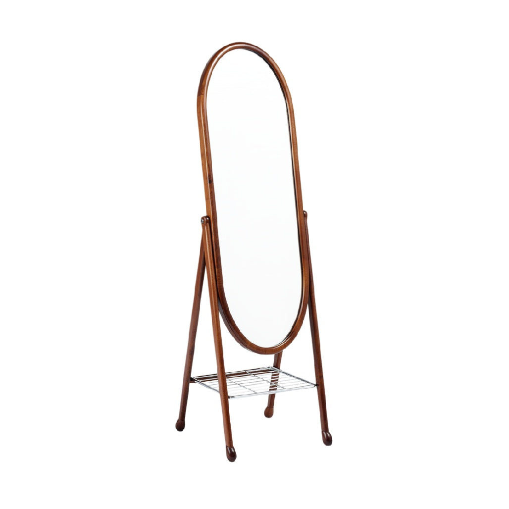 Standing Oval Mirror with Wooden Frame and Storage Shelf