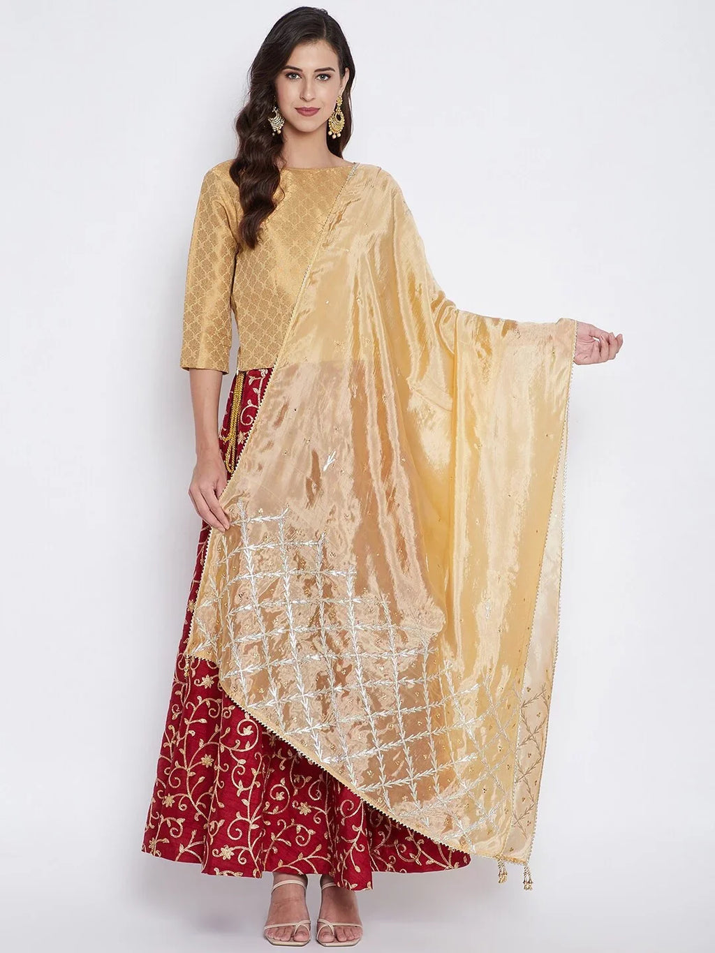 eloria Woman's Indian Ethnic Chunni, Silk blend Embroidered Golden Dupatta, Stole, Scarf Shawl Wrap
