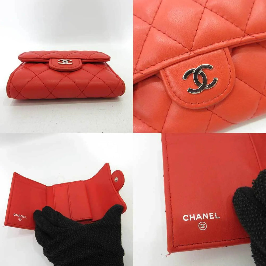 Pre-Owned Chanel Wallet Small Orange Red Series Silver Metal Fittings Mini Trifold Matelasse Women's Lambskin  (Good)