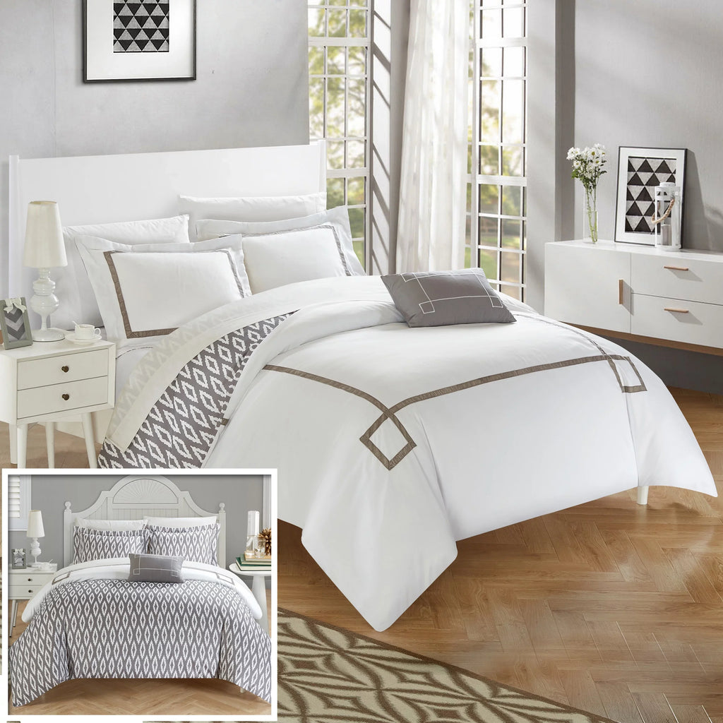 Chic Home 4 Piece Kendall Contemporary Greek Key Embroidered Reversible King Duvet Cover Set Aqua Shams and Decorative Pillows Included