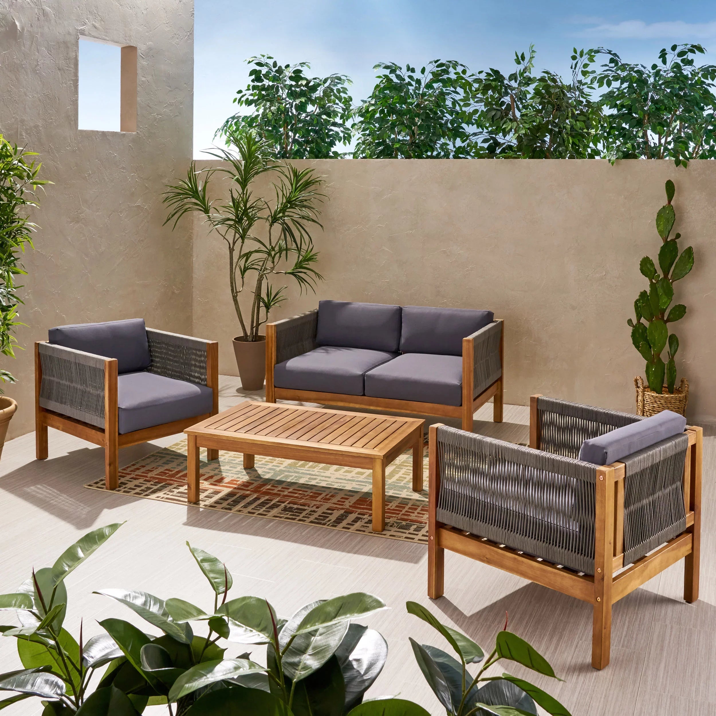 Studio Charlotte Outdoor Acacia Wood and Rope 4 Seater Chat Set with Cushions, Teak and Gray