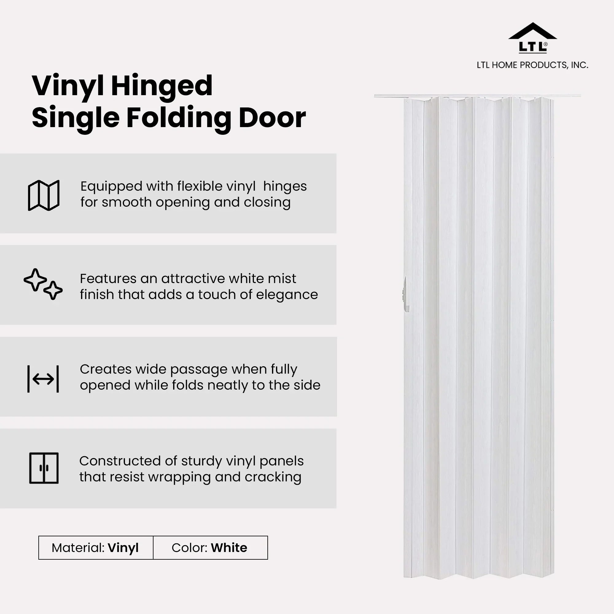 Home Products Via 36" x 80" Vinyl Hinged Single Folding Door, White